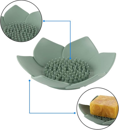 H&R 3 Pack Silicone Soap Holder, Bathroom Soap Tray with Drain, Lotus Shaped - Blue, Green, Grey