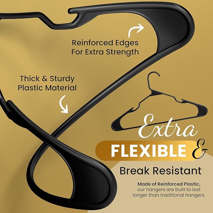 Our Modern Space 200 Pack Plastic Hanger for Shirt Pants Coats Dresses Skirts Suits Jackets - Standard Thick Coat Hanger - Sturdy & Durable Design with Shoulder Grooves Hook - Black