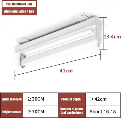 Heavy Duty Retractable Pull Out Pants Rack,Aluminum Alloy Pull Out Closet Valet Rod,Extendable Wardrobe Rail Tube for Hanging Clothes, Top Mount (Color : White, Battery *1 : 41cm)
