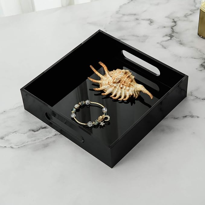 KEVLANG Black Sturdy Acrylic Tray with Handles-8x8 Inch- Countertop Organizer Tray for Kitchen,Bathroom,Office- Storage Box for Cosmetics, Jewelry,Toiletries,Toy,Gadgets