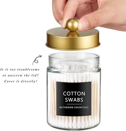 SheeChung Qtip Dispenser Holder 3pcs, Glass Apothecary Jars with Stainless Steel Lids &Stickers, Countertop Canister Guest Bathroom Storage Organizer Set for Cotton Swabs/Balls, Floss Picks(Gold)
