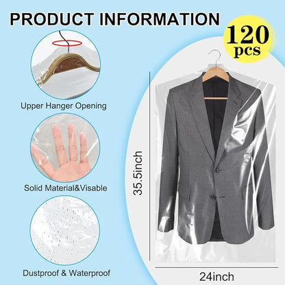 BEISHIDA 120PCS 35.5 Inch Plastic Garment Bag-Plastic Clear Dry Cleaner Laundry Bags for Clothes Cover Hanging Clothes Storage for Coat Suit Shirt Jacket Skirt