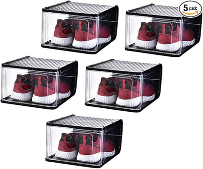 CHILDWEET 5pcs Small Detachable Transparent Shoes Storage Boxes Stackable Plastic Organizer for Home Bedroom Breathable Design for Shoes and Accessories Black