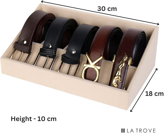 La Trove 5 Slot Belt Organizer Tray, Velvet Drawer Insert for Men’s Belts, Belt Storage Organizer for Closet & Drawer, Cream