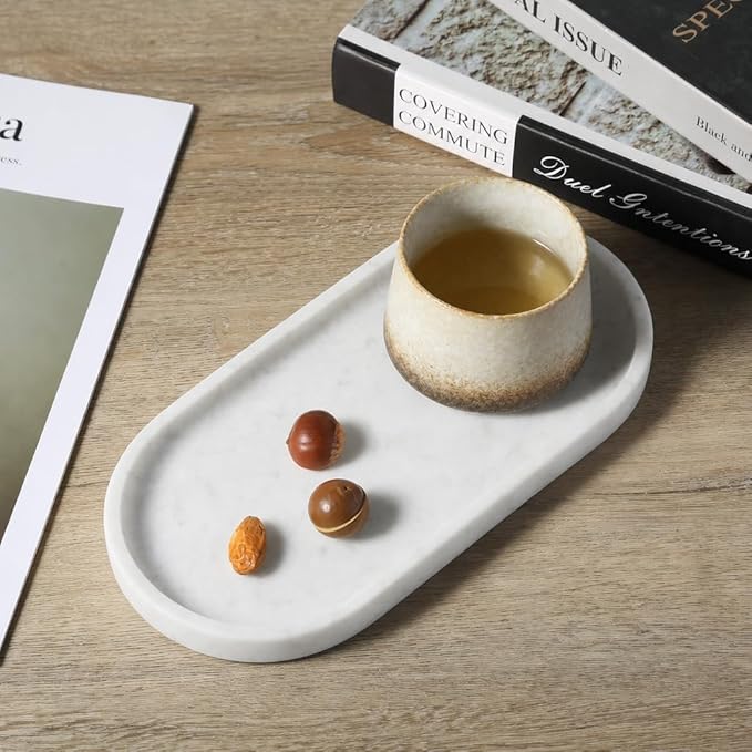 Koville Natural White Marble Tray for Home Decor, 10" x 5" Marble Vanity Tray for Bathroom Countertop Organizer Stone Trays, Catchall Tray for Perfume, Candles, Jewelry (Bianco Carrara)