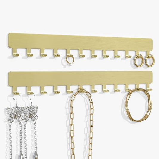 Necklace Holder - Hanging Jewelry Organizer, Self-Adhesive, Wall Mount, 2 PCS, Gold