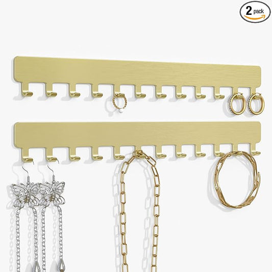 Bussdis Necklace Holder Hanging Jewelry Organizer: Self-Adhesive Wall Organizer for Necklaces, 2 Pack, Gold