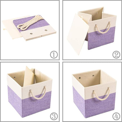 PRANDOM Large Foldable Cube Storage Bins 11x11 inch [2-Pack] Fabric Linen Storage Baskets Cubes Drawer with Cotton Handles Organizer for Shelves Nursery Closet Bedroom Purple