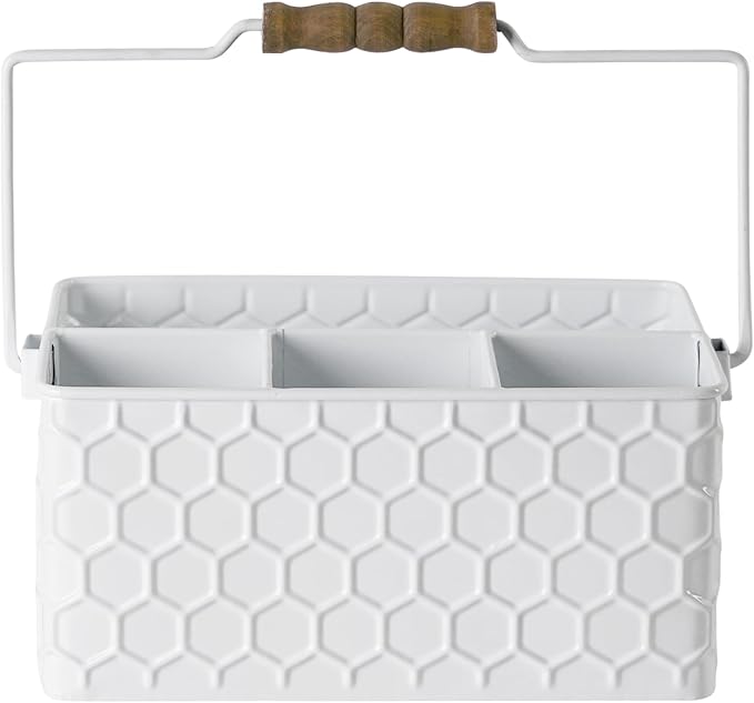 Silverware Caddy for Party Kitchen Flatware Holder for Countertop Metal White Honeycomb Pattern Embossed Cutlery Organizer with 4 Compartments for Utensils, Spoons, Knives, Forks