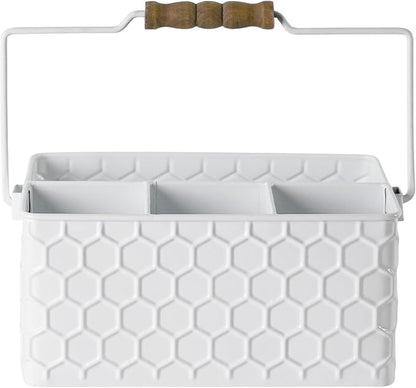 Silverware Caddy for Party Kitchen Flatware Holder for Countertop Metal White Honeycomb Pattern Embossed Cutlery Organizer with 4 Compartments for Utensils, Spoons, Knives, Forks