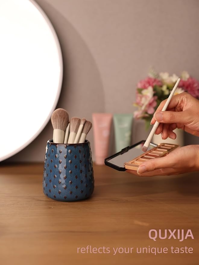 Ceramic Makeup Brush Holders, Farmhouse Bathroom Vanity and Countertop, Brushes Cup for Bathroom Cosmetics, Lipsticks, Vanity Desktop Storage (Vintage Blue)