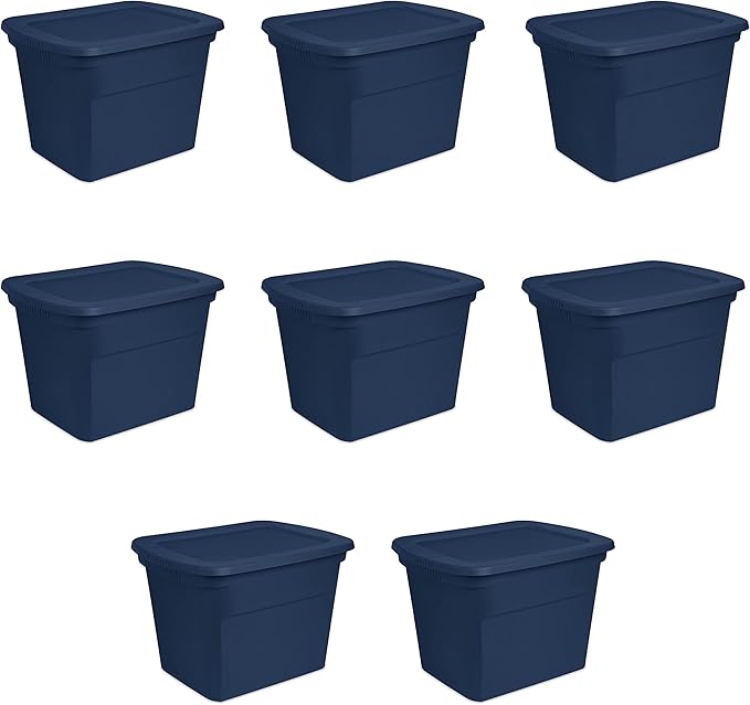 Sterilite 18 Gal Storage Tote, Stackable Bin with Lid, Plastic Container to Organize Clothes in Closet, Basement, Blue Base and Lid, 8-Pack