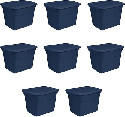 Sterilite 18 Gal Storage Tote, Stackable Bin with Lid, Plastic Container to Organize Clothes in Closet, Basement, Blue Base and Lid, 8-Pack