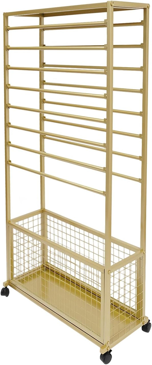 Commercial Ribbon Holder Organizer w/ 16 Rods & Locking Wheels - 59" Mobile Craft Storage for Florists, 4-Tier w/Mesh Basket (Gold, 31.5 * 12.6 * 59.06in)