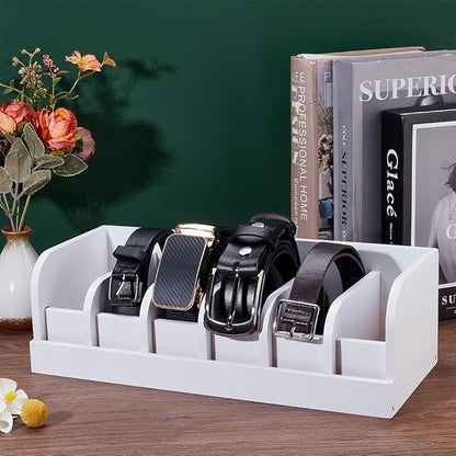 UNICRAFTALE 35cm White Wood Belts Organizer Box Belt Organizer Tie and Belt Storage Holders 6-Compartment Belts Organizer and Displayer for Closet and Drawer Organizer Men Women