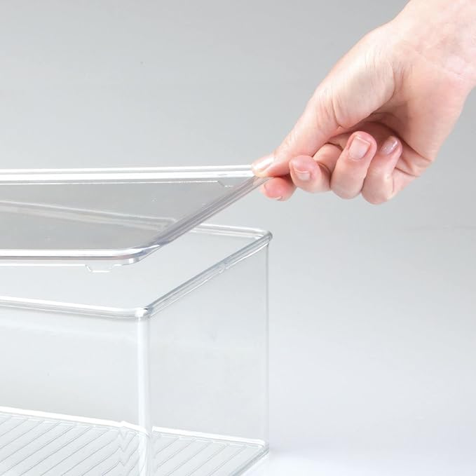mDesign Stackable Plastic Closet Storage Container Bin Box with Hinge Lid for Organizing Shoes, Booties, Pumps, Sandals, Wedges, Flats, Heels - Lumiere Collection - 4 Pack - Clear