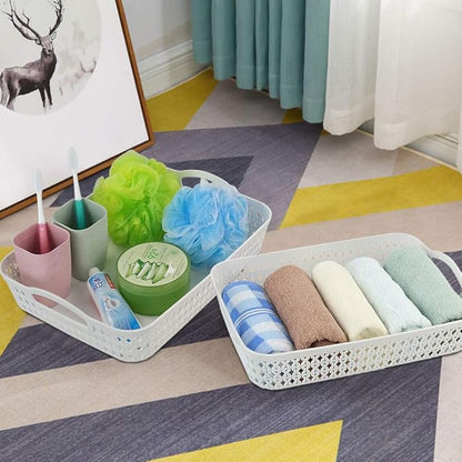 6 Packs Large Plastic Storage Tray Baskets with Handles for Organizing, White