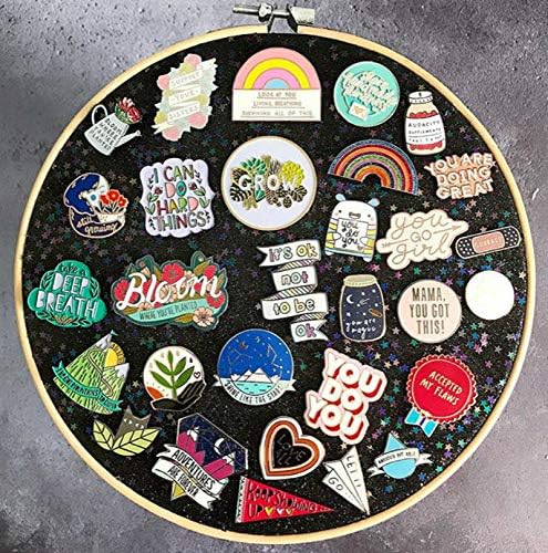 Round Badge Brooch Display Wall Hanging Pin Display Glitter Board Jewelry Storage Pin Collection Banner with Bamboo Hoop for Enamel Pins Buttons and Labels (Black-Faux Leather)