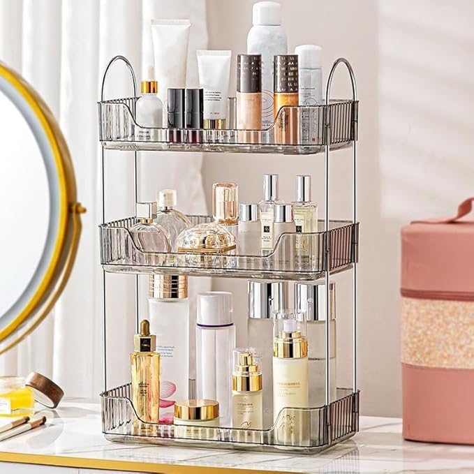 Bathroom Organizer Countertop, Vanity Trays for Skincare Makeup, Counter Organizer for Cosmetics, Toiletries, Lotions, Perfumes (3 Tiers, Grey)