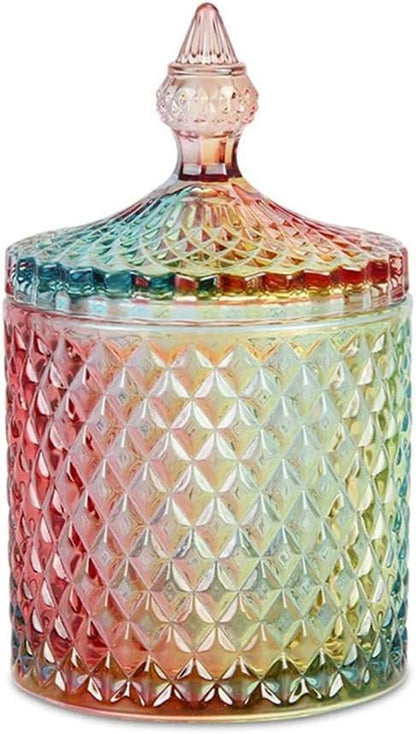 Colorful Home Decorative Jar Qtips Holder Dispenser Glass Storage Container Bathroom Counter Vanity Organizer for Bath Salts/Swabs/Rounds Makeup Sponges Toothpick Jewelry(Rainbow, 10 oz)