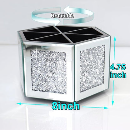 Rotatable Multifunctional Jewelry Utensil Holder Hexagon Jewelry Make up Organizer Cups Crush Diamond Mirror Decor, brush/office pen cup holder Eyeliners Display Case for Vanity