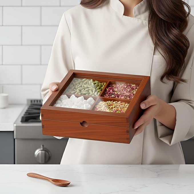Wooden Spice Box, Masala Container, Condiments Storage Case for Kitchen, Multipurpose Decorative Box - Indian Rosewood Crafted