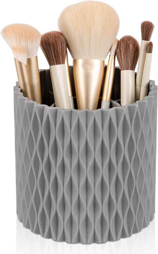 Anyoifax Makeup Brush Holder Organizer 362°Rotating Make Up Brushes Container for Vanity, Spinning Cosmetics Storage Cup, Ripple Gray