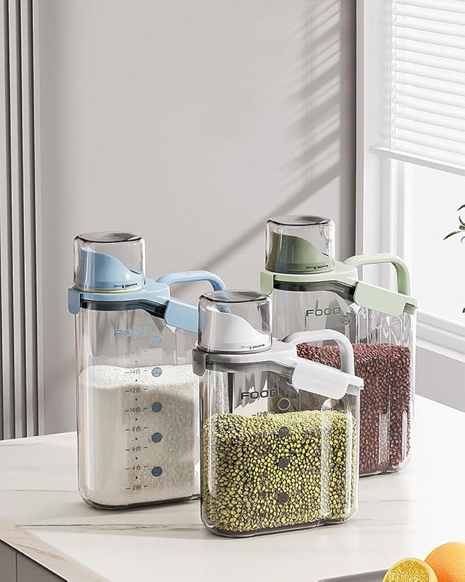 Rice container storage tank, kitchen storage container, sealed food storage, sealed design measuring cup. With pouring port, suitable for oatmeal, grains, rice, flour (blue, 2800ML)