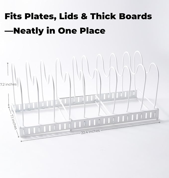White Plate Stacker for Inside a Cabinet – Expandable 10-Slot Vertical Plate Organizer and Adjustable Dish Rack – Heavy-Duty Metal Cabinet Storage for Plates, Lids, and Cutting Boards