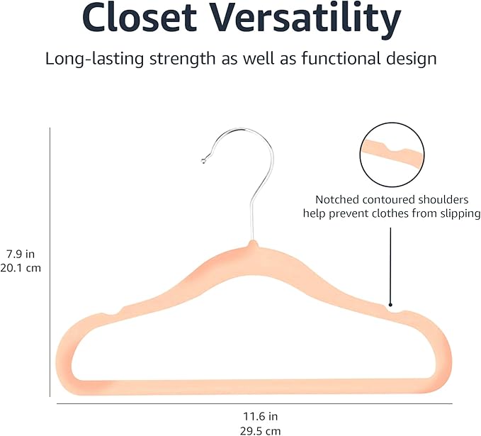 Amazon Basics Kids Space Saving Velvet Non-Slip Clothes Hangers with Shoulder Notches for Infant and Toddler, 11.6", Blush, 50 Count (Pack of 4)
