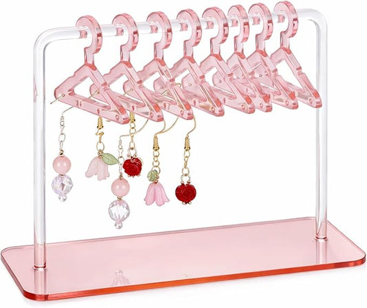 Acrylic Earring Holder, 6 × 4.6 Inch Coat Hanger Stud Earring Organizer Small Fun Jewelry Display for Home Earrings Storage Retail Show Marketing (Pink)