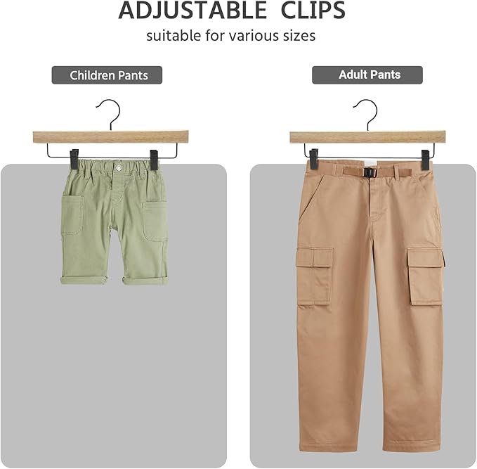 Nature Smile Deluxe Wooden Pants Hangers,Solid Rubber Wood Jeans Skirt Hanger with Blacak Hook Pack of 20(Natural Varnished)