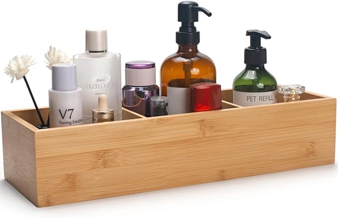 Bamboo Bathroom Basket, Wood Toilet Tank Basket, Wooden Storage Box with 3 Compartments for Bathroom Organizer (16.5 x 5.5 x 3.5 inch)