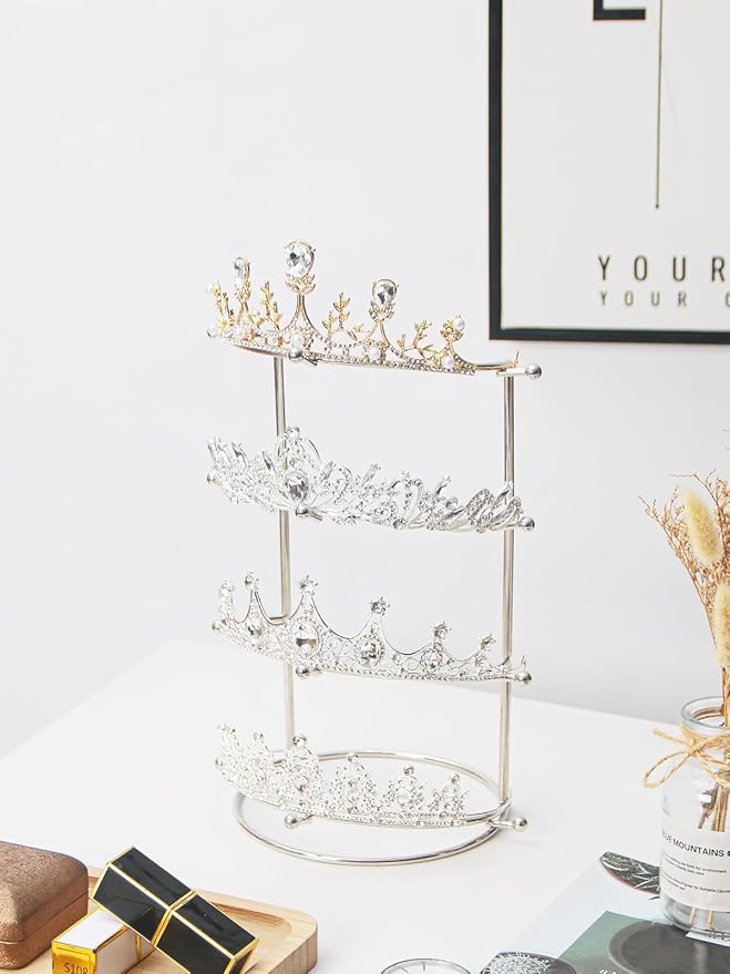 Byken 4 Tier Crown Holder,Tiara Organizer,.Golden Bridal Headdress Display Stand for Selling,Headband Ear Crown Storage Tower,Jewelry Holder for Girls Wedding Home Shop Store (Silver)
