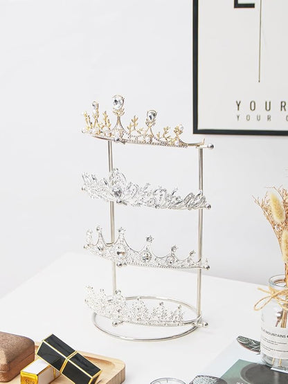 Byken 4 Tier Crown Holder,Tiara Organizer,.Golden Bridal Headdress Display Stand for Selling,Headband Ear Crown Storage Tower,Jewelry Holder for Girls Wedding Home Shop Store (Silver)