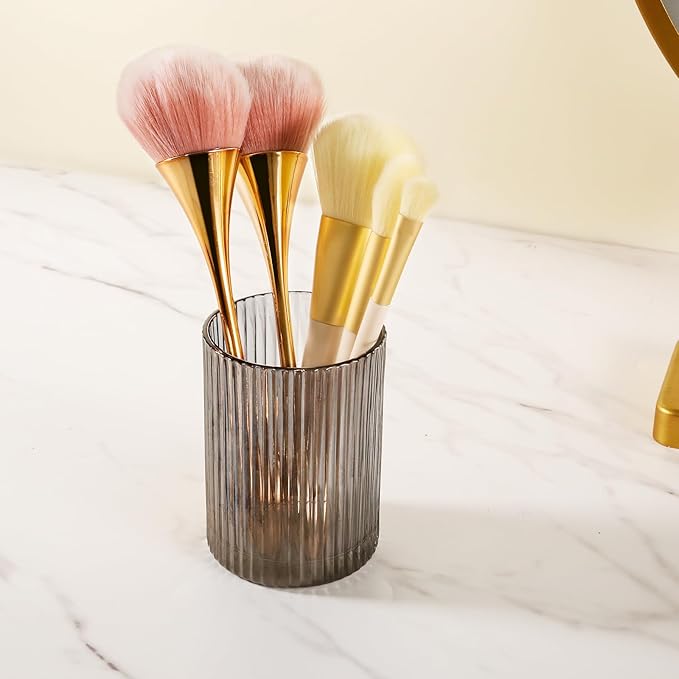 DASITON Makeup Brush Holder Organizer, Crystal Cosmetic Makeup Brushes Storage Holder, Glass Make Up Brush Holder, Vintage Striped Make Up Cup Desk Pen Pencil Holder, Toothbrush Holders (Gray S)