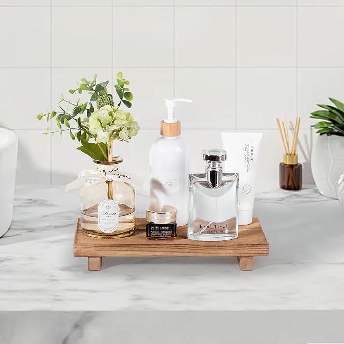Bathroom Tray Farmhouse Decor Pedestal Stand Wood Riser Display Kitchen Accessories Soap Holder for Sink, Counter, Vanity, 11 * 5.5 Brown