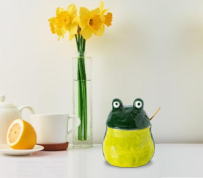dgudgu Frog Salt Cellar With Lid And Spoon Ceramic Salt Container Green Salt Box Cute Salt Containers For Countertop– Elegant Salt Holder For Countertop