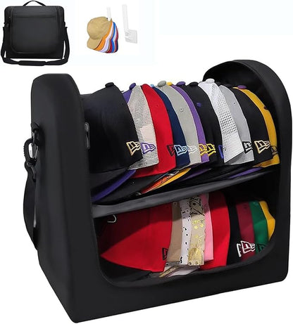 Large Hat Bag for Baseball Caps, Portable Hat Organizer Carrier for Travel, Hat Storage Box Holder for 24 Snapback Caps, Baseball Cap Traveling Case for Men, Black, and Gift Hat Hooks