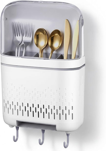 Sliner Wall Mount Utensil Rack Holder with Lid and Hook Waterproof Compartmental Storage Caddy Cutlery Drainer with Cover Detachable Kitchen Hanging Chopstick Silverware Organizer Moonlight White