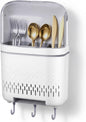 Sliner Wall Mount Utensil Rack Holder with Lid and Hook Waterproof Compartmental Storage Caddy Cutlery Drainer with Cover Detachable Kitchen Hanging Chopstick Silverware Organizer Moonlight White