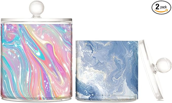 2 Pack Qtip Dispenser Apothecary Jars with Lids Cotton Round Holder Bathroom Canisters for Cotton Swab Floss Ball Pads Clear Plastic Decorative Pink Blue Liquid Fluid