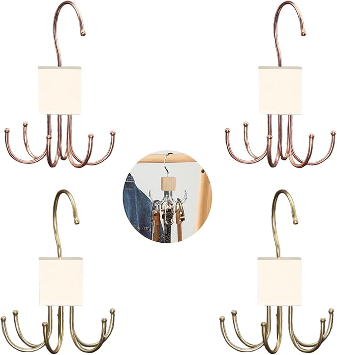 Belt Hanger, 4Pcs Belt Organizer for Closet 360°,Rotatable Max 48 Belt Storage Rack Space Saving Storage Rack for Belt, Bra, Tank Top, Tie, Scarf(2White 2Rose Gold)