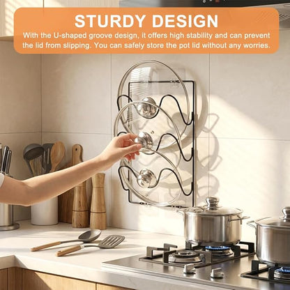2 Pack Pot Lid Organizer Rack for Cabinet Door or Wall, 6-Tier Pot Lid Holders, No Drilling Pan Cover Holder with 6 Adhesive Clips, Rustproof Kitchen Kit Storage Rack