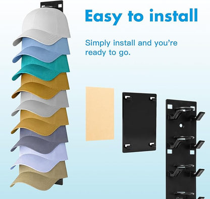 2 Pack Hat Organizer for Baseball Caps Preserve Shape, No Squish! Wall Mounted Hat Rack with Strong Adhesive Holds 18 Hats, over the Door Organizer for Closet Bedroom (Black)