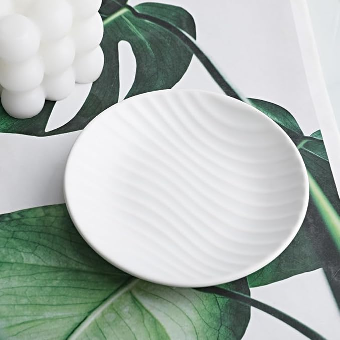 Chic Round Soap Dish, Modern Minimalist Striped Design Ceramic Tray(White)
