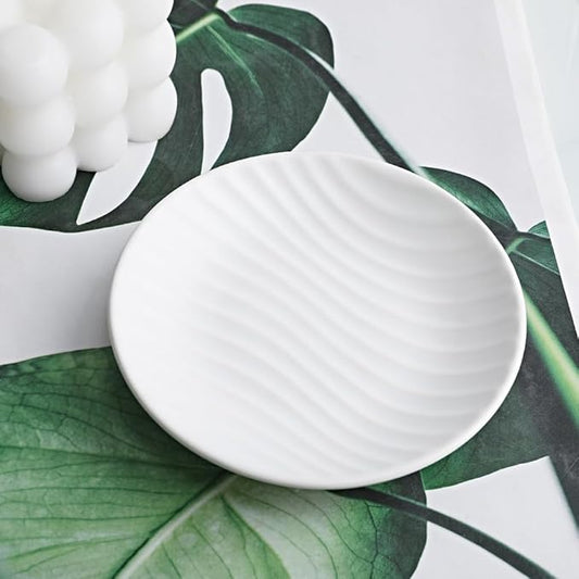 Chic Round Soap Dish, Modern Minimalist Striped Design Ceramic Tray(White)