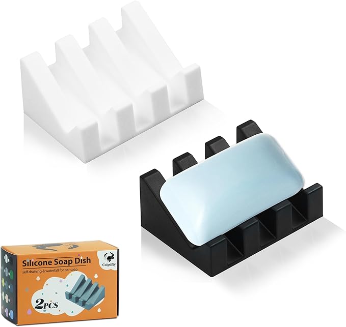 Self Draining Soap Dish Holder,Silicone Soap Dish,for Bathroom,Kitchen, Sponges，Can Extend Soap Life，Keep Soap Bars Dry and Easy Cleaning (Black+White,2-Pack)