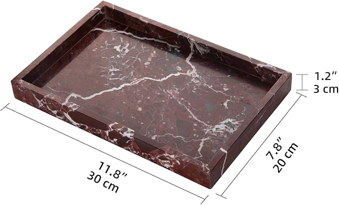 Marble Bathroom Vanity Tray, Natural Luxury Vanity Home Kitchen Bathroom Table Tray, Stone Decorative Countertop Dresser Trays for Key Coffee Perfume Jewelry Makeup (Rosso Lepanto, 12"x 8" x1.2")