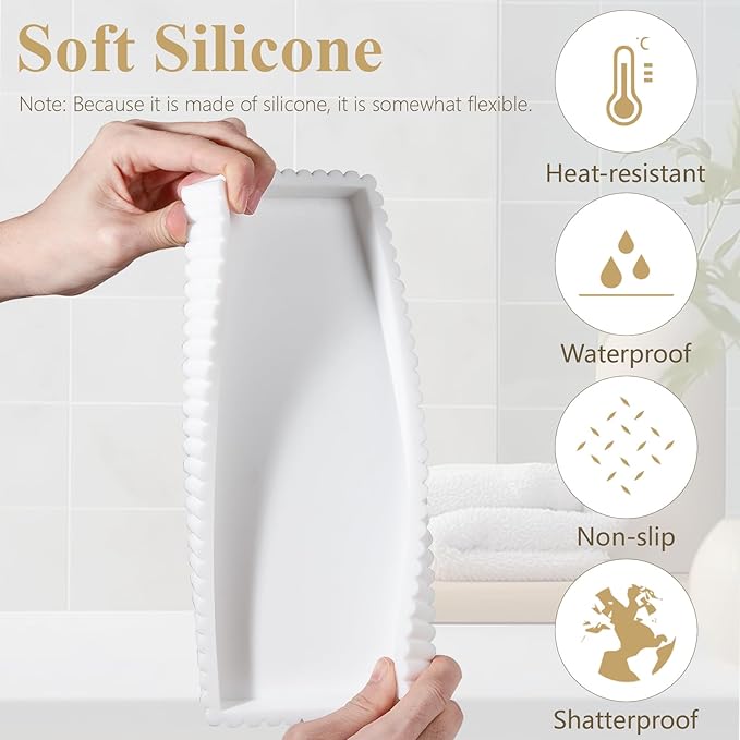 Silicone Bathroom Tray Small Vanity Organizer Rectangle Sink Caddy Sponge Holder Kitchen Counter Decor for Dish Soap, Perfume, Candle, White